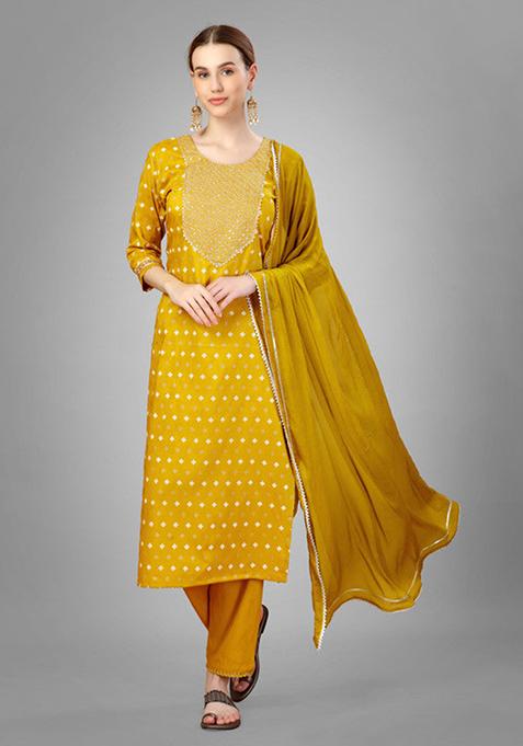 Golden Embroidered Silk Blend Kurta Set