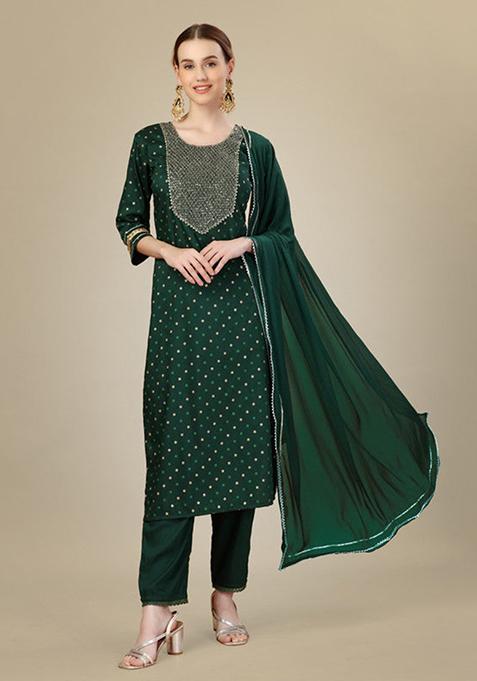 Dark Green Embroidered Silk Blend Kurta Set