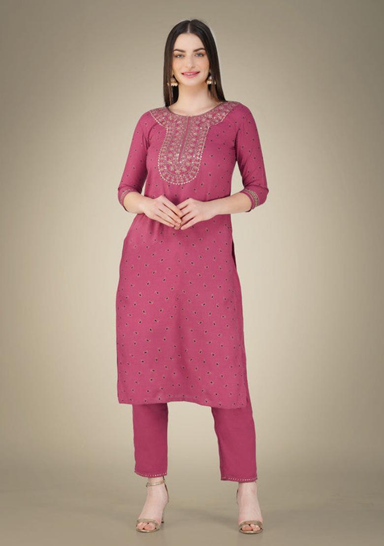 Wine Embroidered Cotton Slub Kurta Set