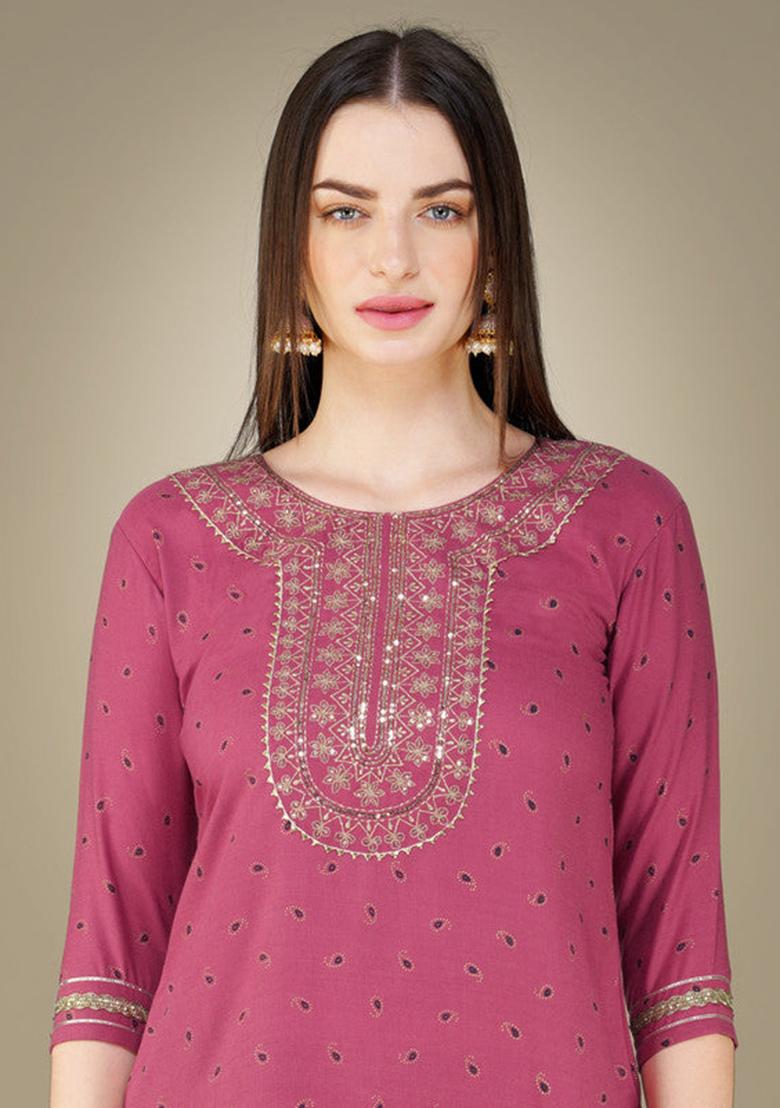 Wine Embroidered Cotton Slub Kurta Set