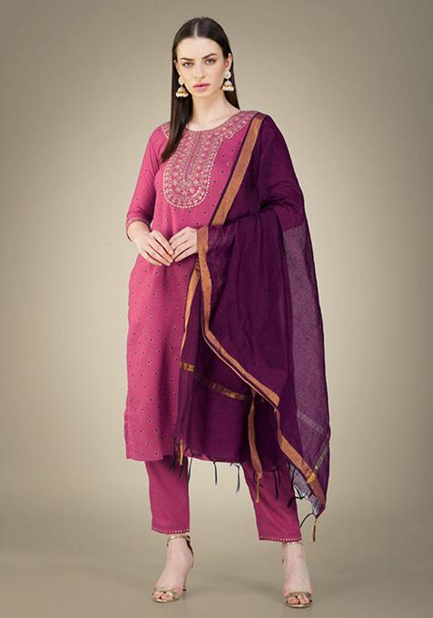 Wine Embroidered Cotton Slub Kurta Set