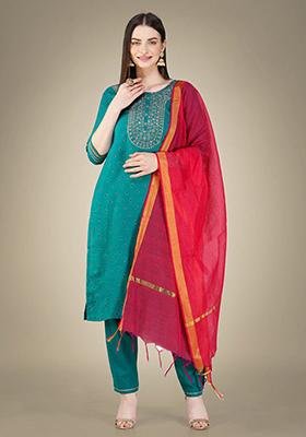 Light Green Embroidered Cotton Slub Kurta Set