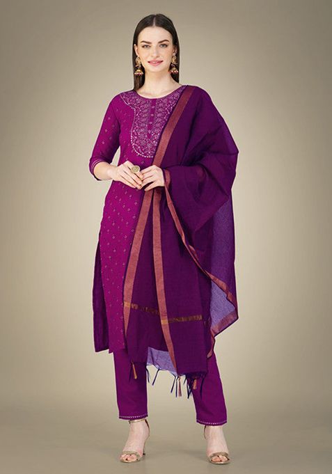 Purple Embroidered Cotton Slub Kurta Set