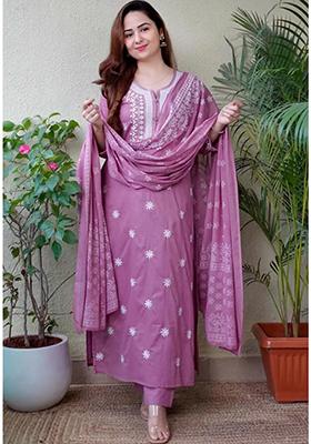 Purple Embroidered Viscose Kurta Set