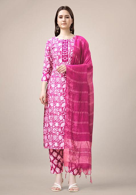 Pink Embroidered Rayon Kurta Set