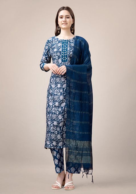 Rama Blue Embroidered Rayon Kurta Set