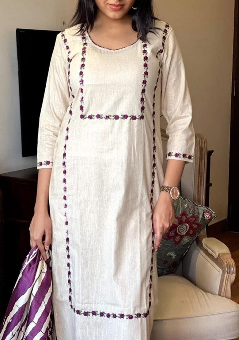 Purple Embroidered Pure Cotton Kurta Set