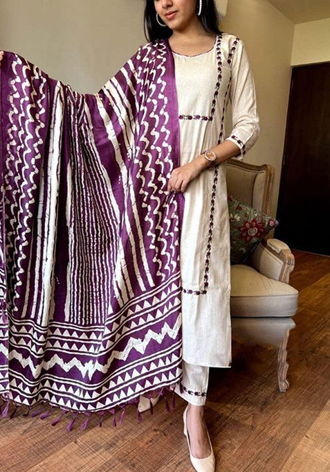 Purple Embroidered Pure Cotton Kurta Set