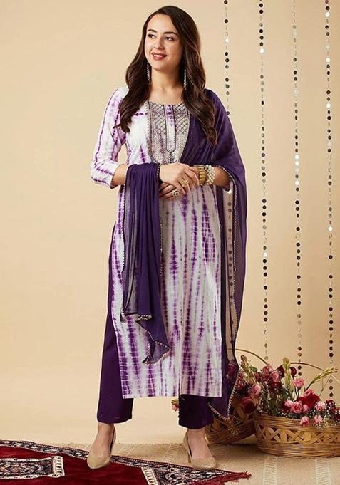 Purple Embroidered Viscose Kurta Set