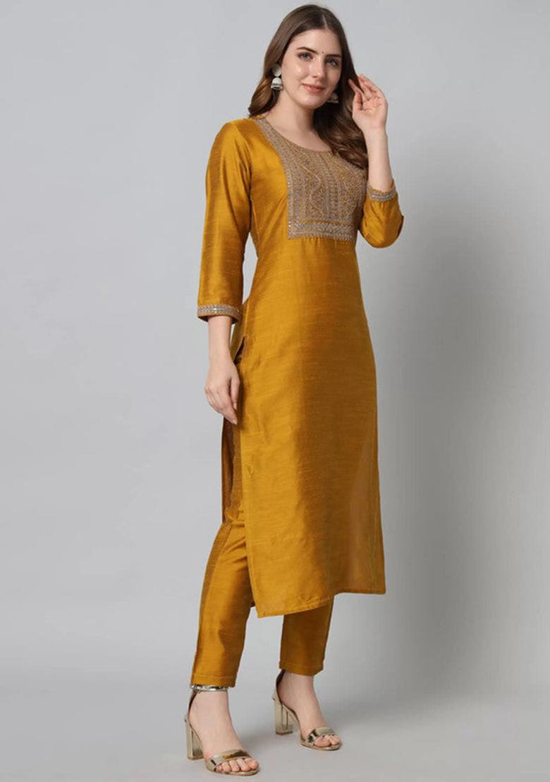 Mustard Embroidered Cotton Silk Kurta Set
