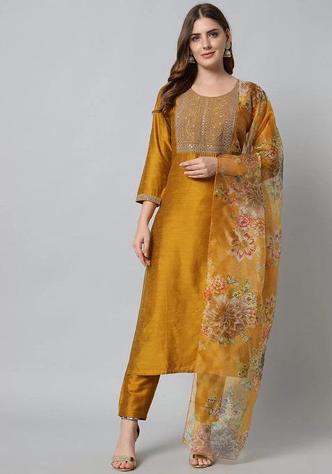 Mustard Embroidered Cotton Silk Kurta Set