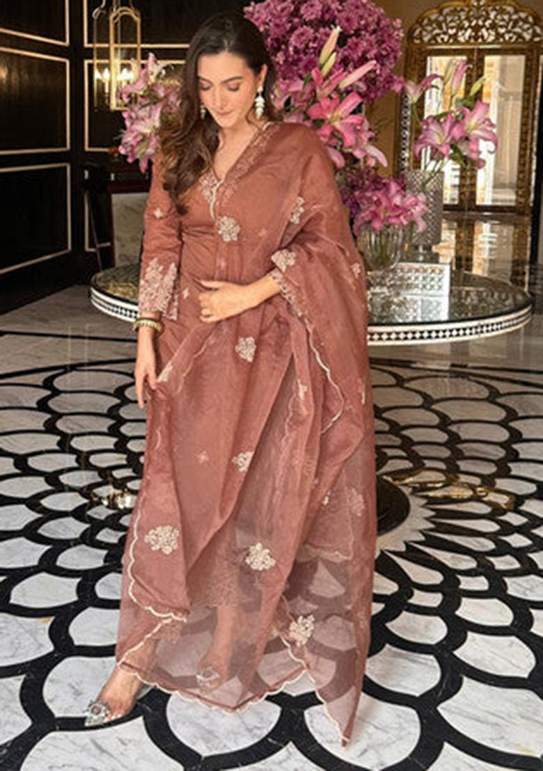 Brown Embroidered Viscose Silk Kurta Set