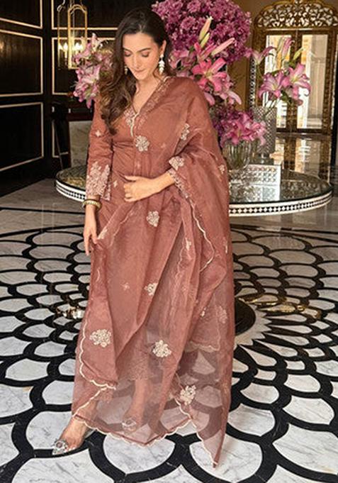 Brown Embroidered Viscose Silk Kurta Set