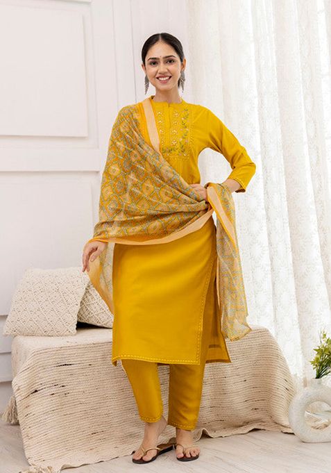 Mustard Yoke Design Viscose Kurta Set