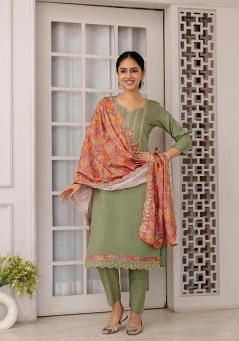 Pista Green Printed Viscose Kurta Set