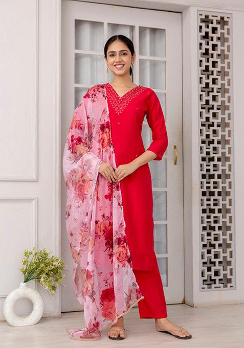 Rani Pink Printed Viscose Kurta Set