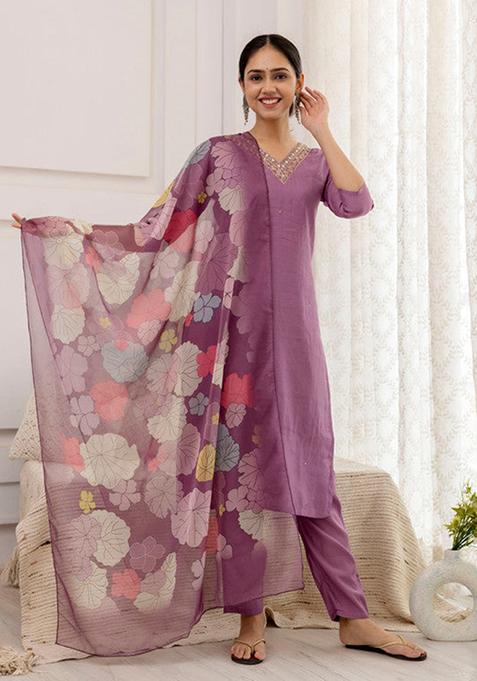 Purple Printed Viscose Kurta Set