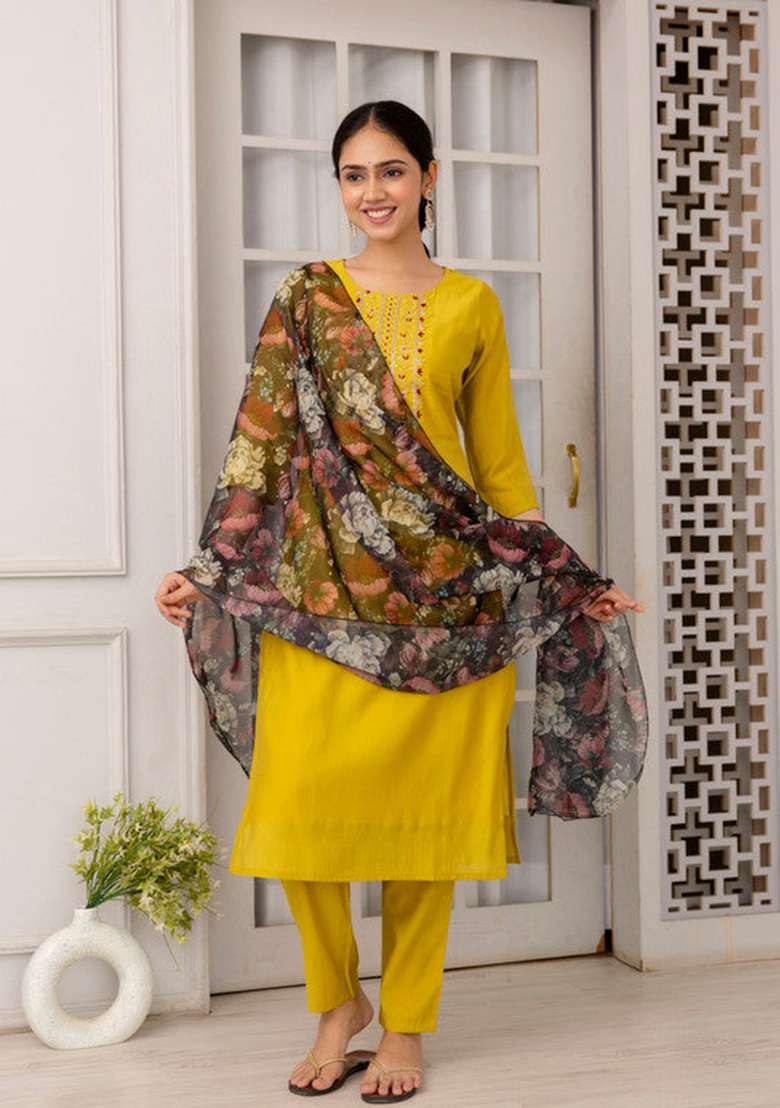 Mustard Solid Viscose Straight Kurta Set - Indya