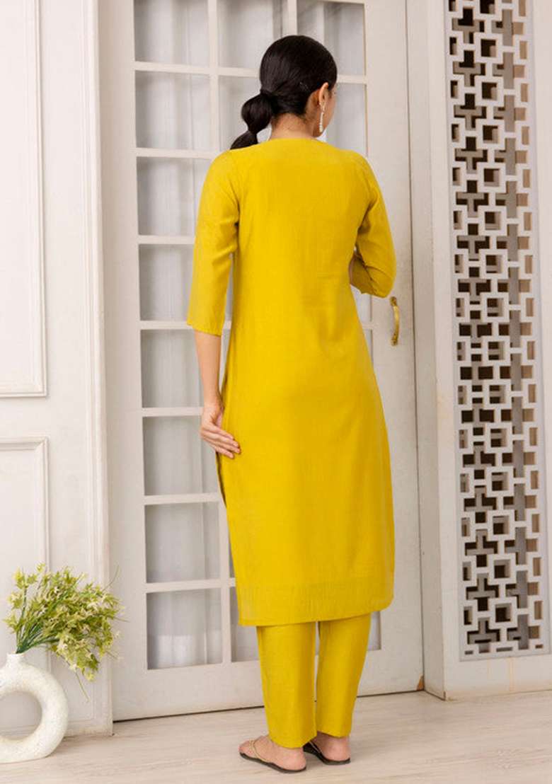 Mustard Solid Viscose Straight Kurta Set - Indya