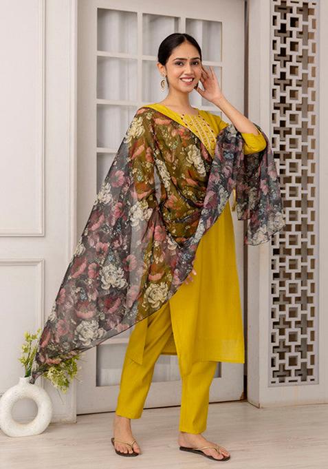 Mustard Printed Viscose Kurta Set