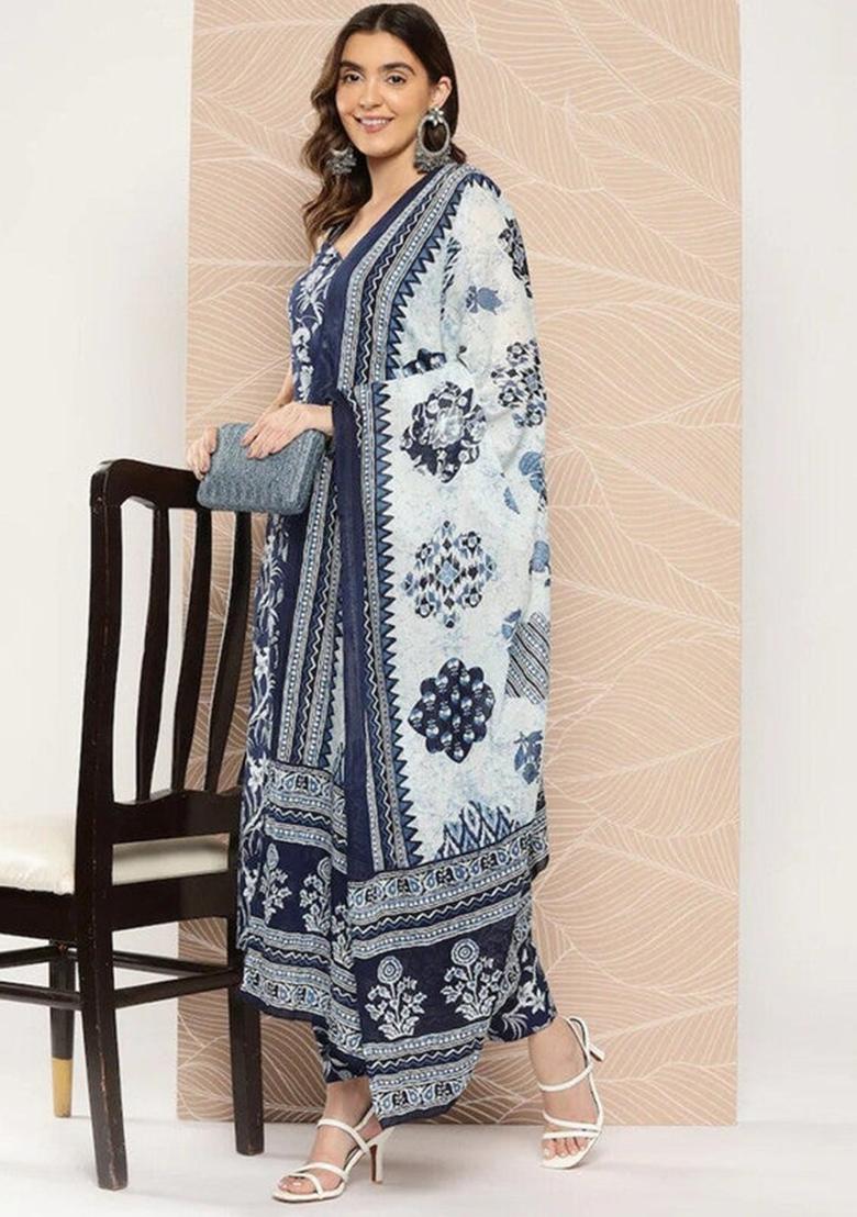 Navy Blue Printed Viscose Kurta Set