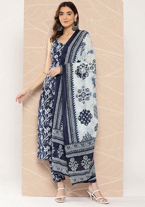 Navy Blue Printed Viscose Kurta Set