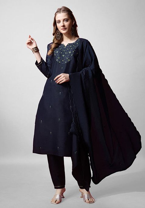 Navy Blue Embroidered Cotton Blend Kurta Set