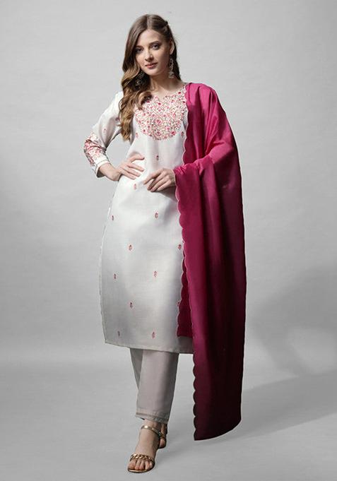 WHITE Embroidered Cotton Blend Kurta Set