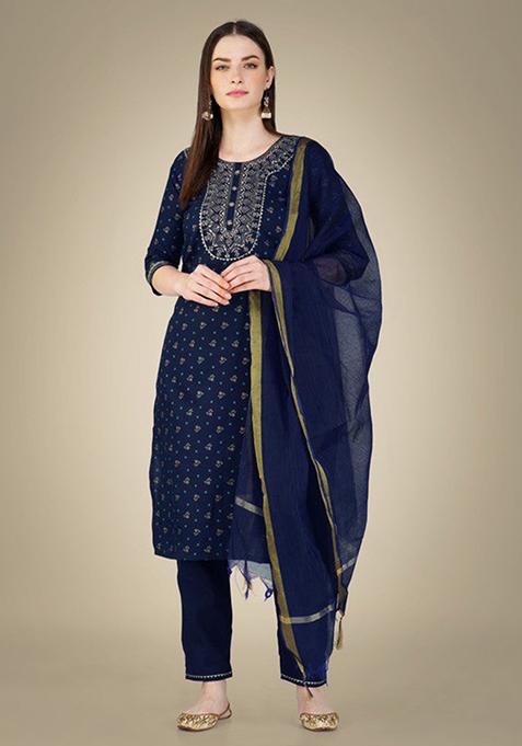 Dark Blue Embroidered Cotton Slub Kurta Set