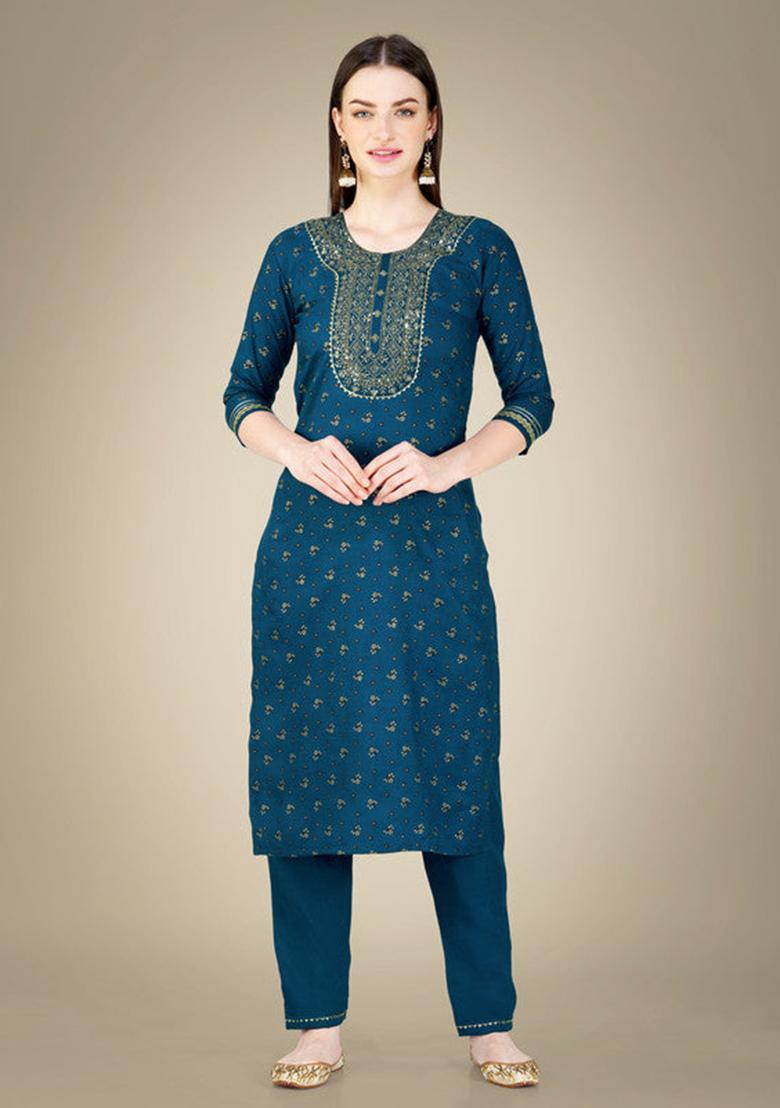 Blue Embroidered Cotton Slub Kurta Set