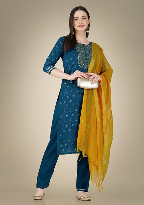 Blue Embroidered Cotton Slub Kurta Set