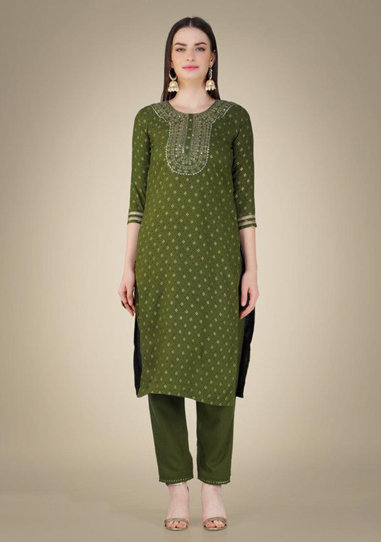 Green Embroidered Cotton Slub Kurta Set