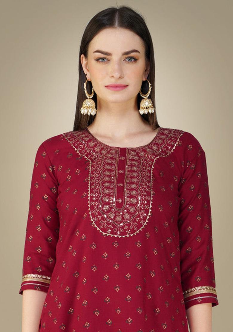 Maroon Embroidered Cotton Slub Kurta Set