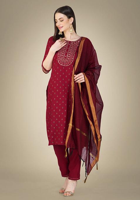 Maroon Embroidered Cotton Slub Kurta Set