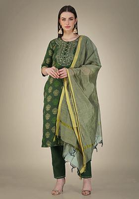 Dark Green Embroidered Cotton Slub Kurta Set