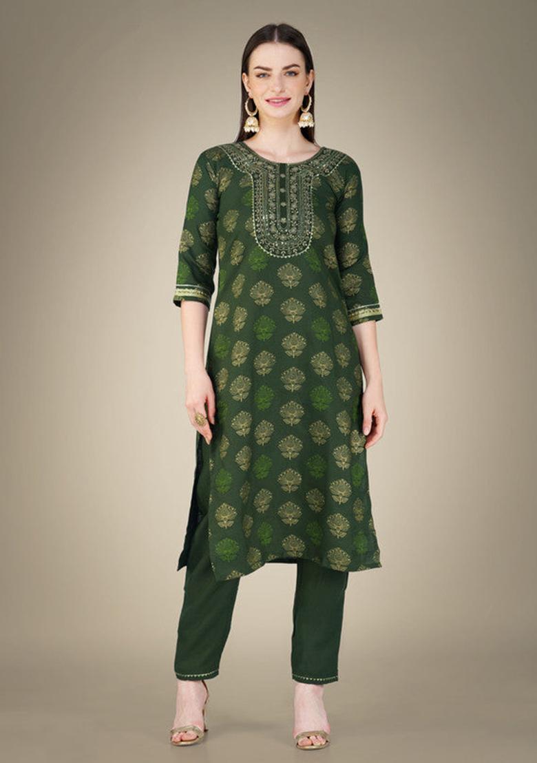 Dark Green Embroidered Cotton Slub Kurta Set