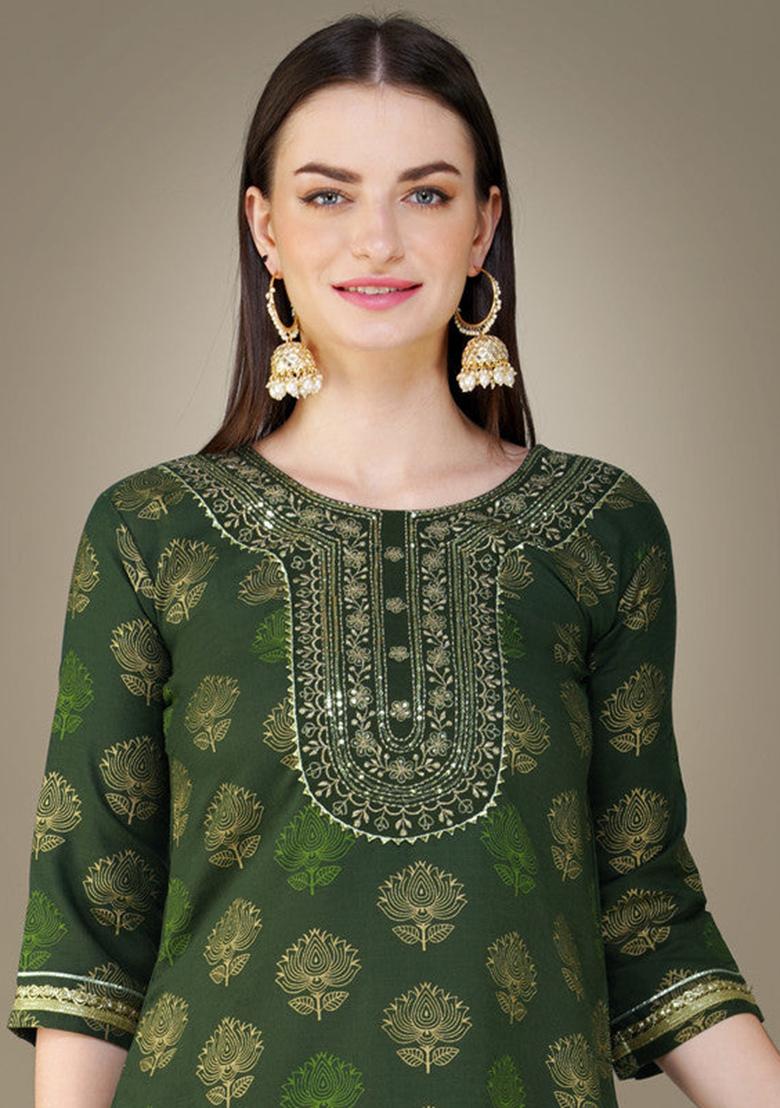 Dark Green Embroidered Cotton Slub Kurta Set