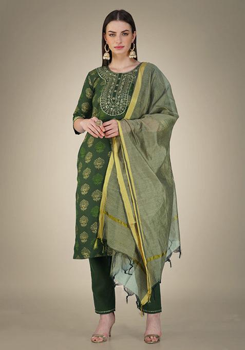 Dark Green Embroidered Cotton Slub Kurta Set