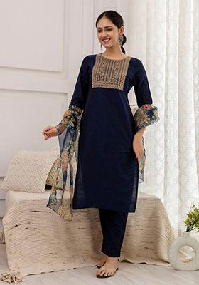 Navy Blue Embroidered Cotton Silk Kurta Set