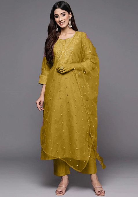 Mustard Embroidered Poly Silk Kurta Set