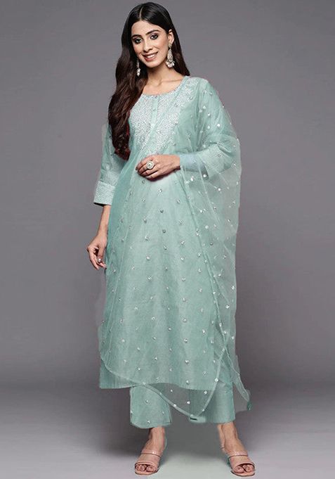 Sky Blue Embroidered Poly Silk Kurta Set