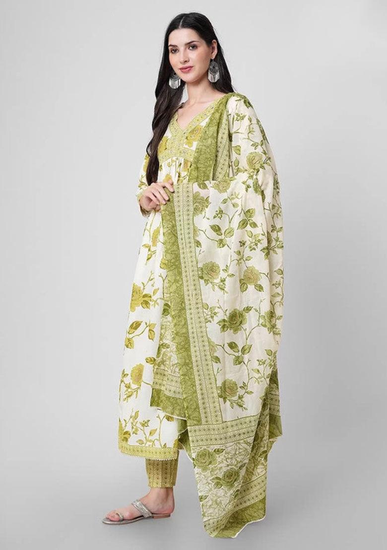 Olive Green Printed Cotton Kurta Set
