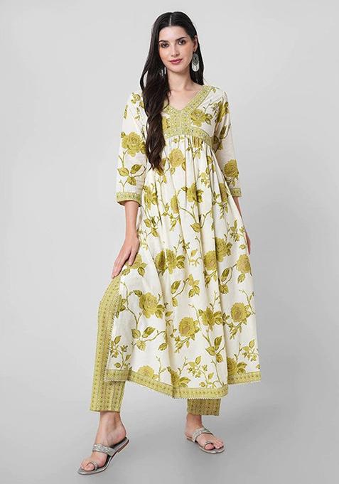 Olive Green Printed Cotton Kurta Set