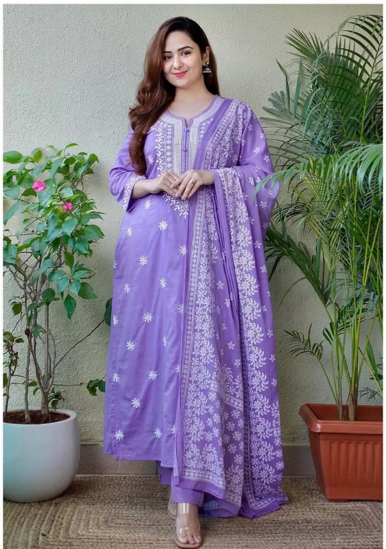 Lavender Embroidered Viscose Kurta Set