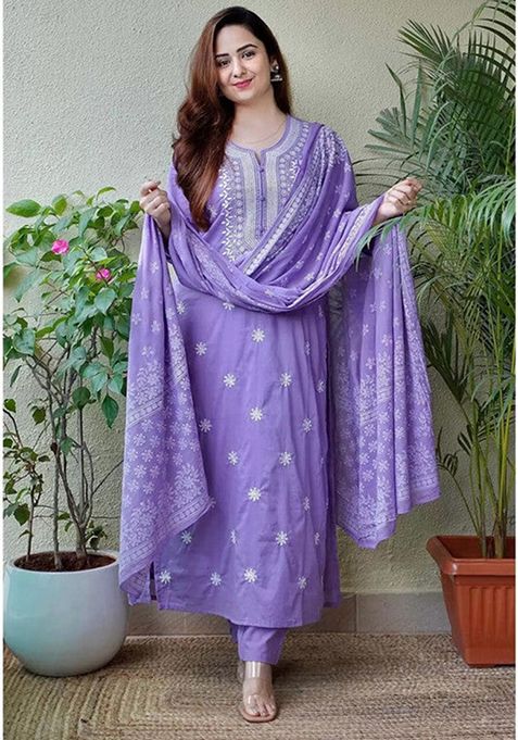 Lavender Embroidered Viscose Kurta Set