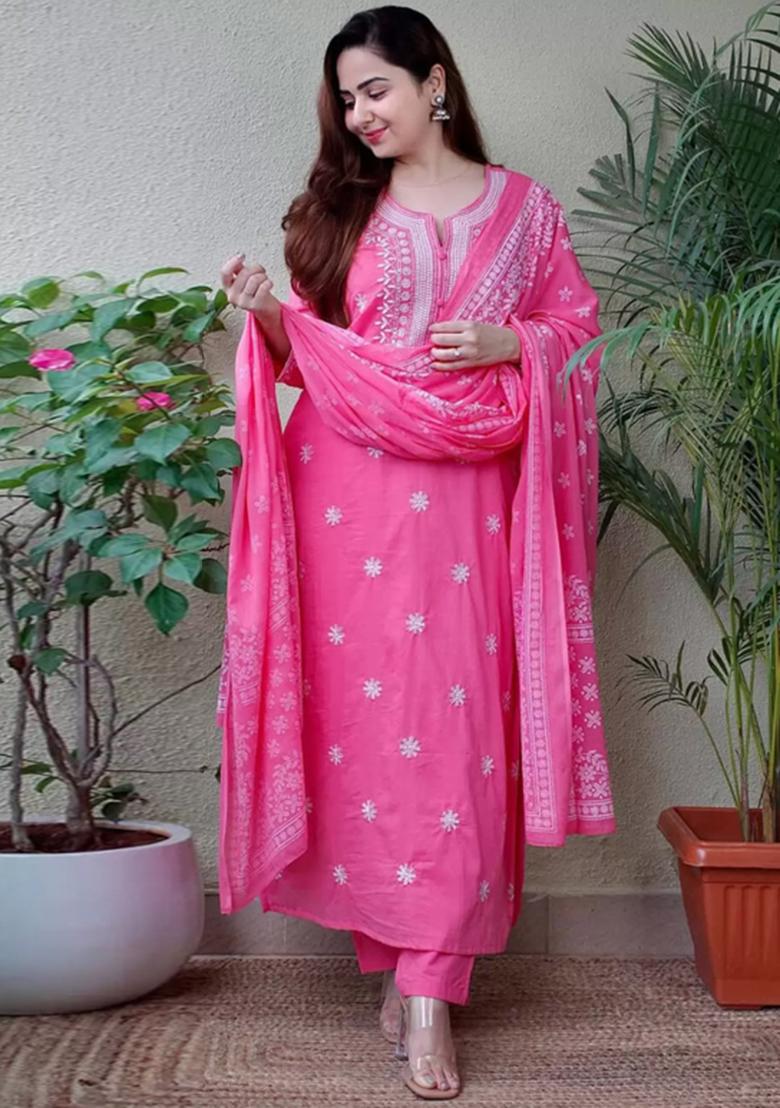 Pink Embroidered Viscose Kurta Set