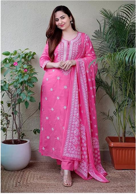 Pink Embroidered Viscose Kurta Set