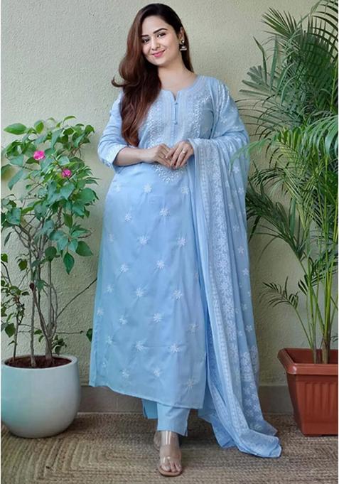 Sky Blue Embroidered Viscose Kurta Set