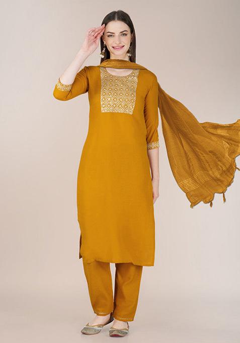 Yellow Embroidered Cotton Blend Kurta Set