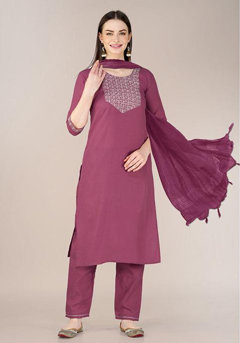 Wine Embroidered Cotton Blend Kurta Set